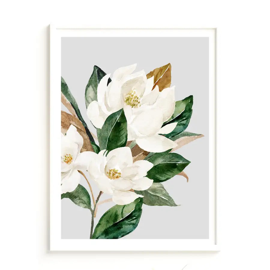 cream flowers with green and gold foliage art print by wattle designs