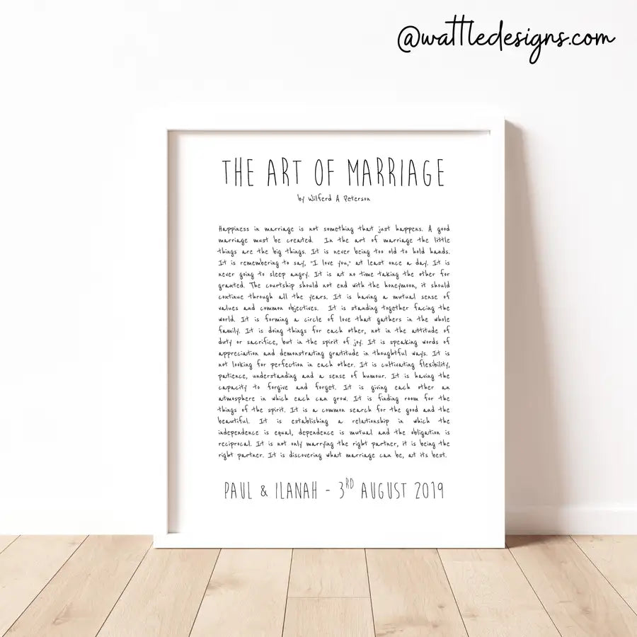 First Wedding Anniversary Gift, The Art of Marriage Poem Print 