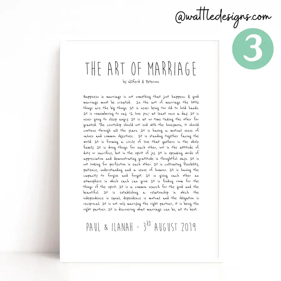 First Wedding Anniversary Gift, The Art of Marriage Poem Print - Wattle Designs