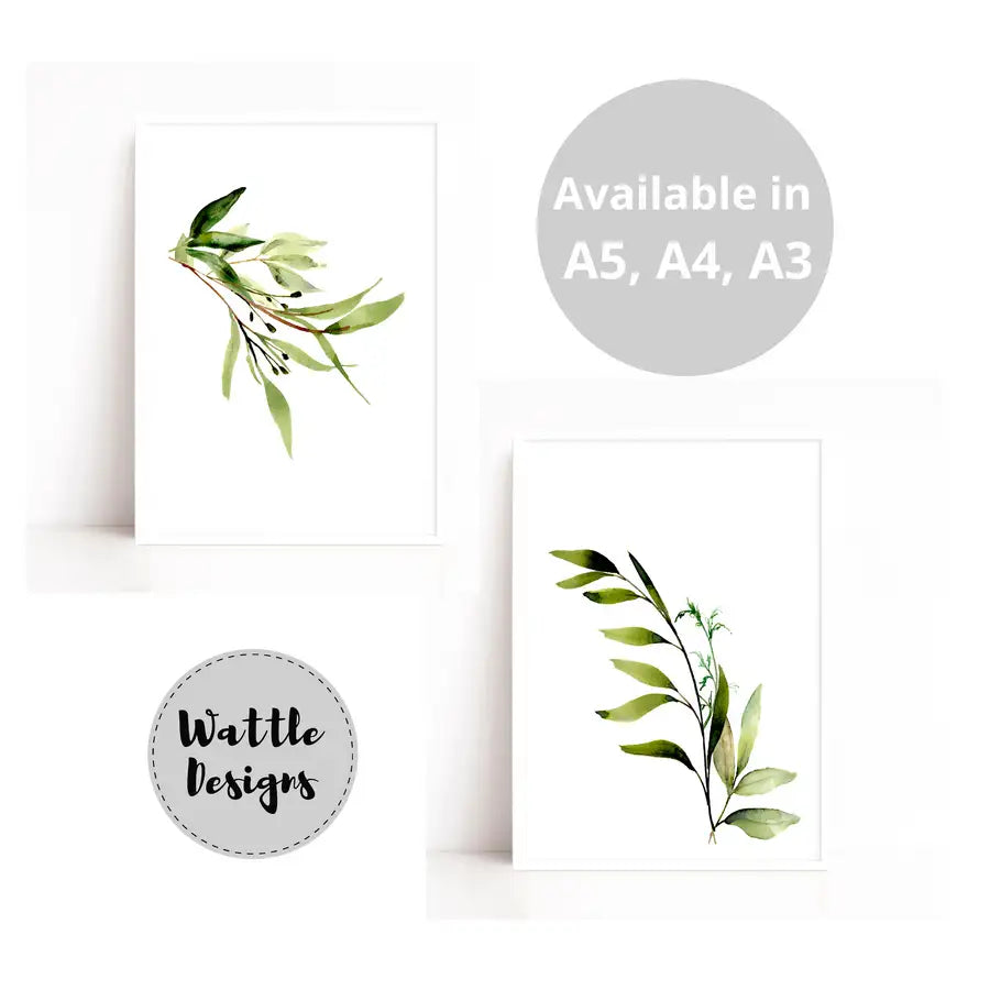 leaf art prints in white frames from Wattle Designs